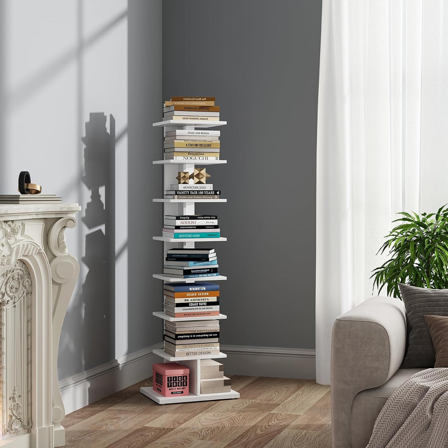 TUTOTAK Book Shelf, Narrow Spine Bookshelf, 8-Tier Bookcase for Small Space | 10.4 x 13.4 x 47.5 Inches Vertical Freestanding Corner Shelf for Living Room, Office, Study, Entryway, Brown BS06BB008 — 8 Tier / White