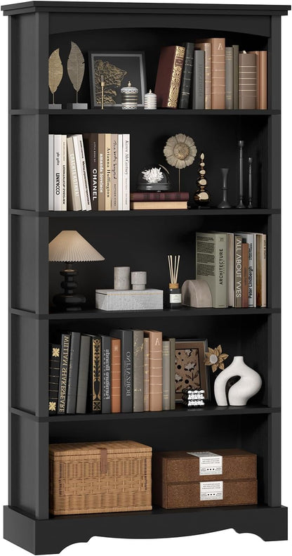 TVU 5-Tier Wooden Bookshelf, 31.5" W x 65" H ×9.9" D Bookshelf with Storage, Floor Standing Modern Style Display Bookcase for Living Room, Office, Study Room, Entryway, Brown — Black / 5 Tier
