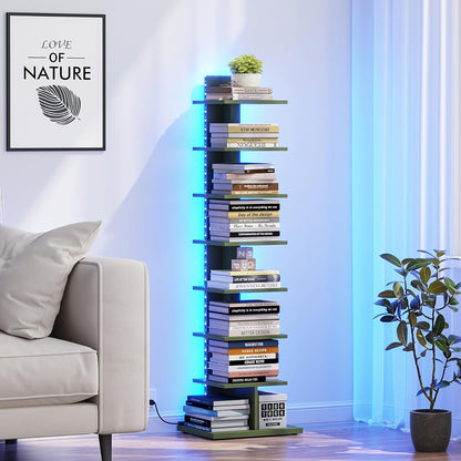 TUTOTAK Book Shelf, Narrow Spine Bookshelf, 8-Tier Bookcase for Small Space | 10.4 x 13.4 x 47.5 Inches Vertical Freestanding Corner Shelf for Living Room, Office, Study, Entryway, Brown BS06BB008 — 8 Tier / Olive Green(led Light)