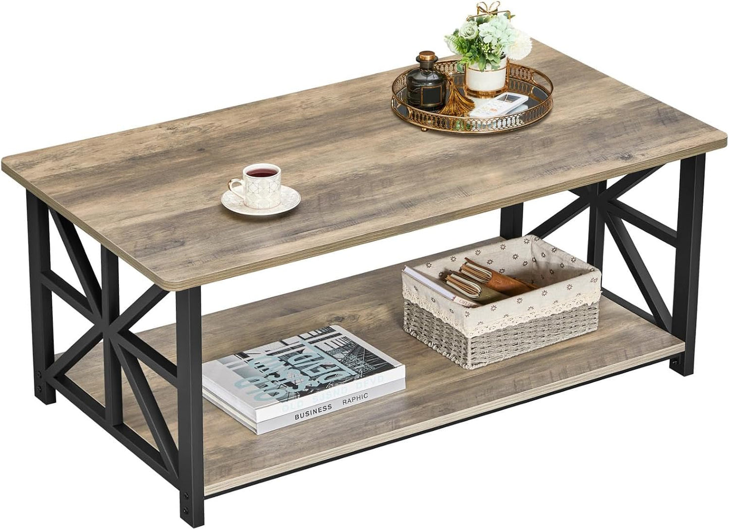 GreenForest Round Corners Coffee Table for Living Room | Rustic Style Center Table with Storage Shelf,39 Inch Space Saving Sofa Table,Easy Assembly,Gray Wash — Grey Wash / Rectangle