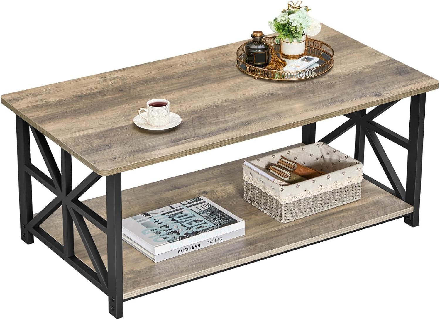 GreenForest Round Corners Coffee Table for Living Room | Rustic Style Center Table with Storage Shelf,39 Inch Space Saving Sofa Table,Easy Assembly,Gray Wash — Grey Wash / Rectangle