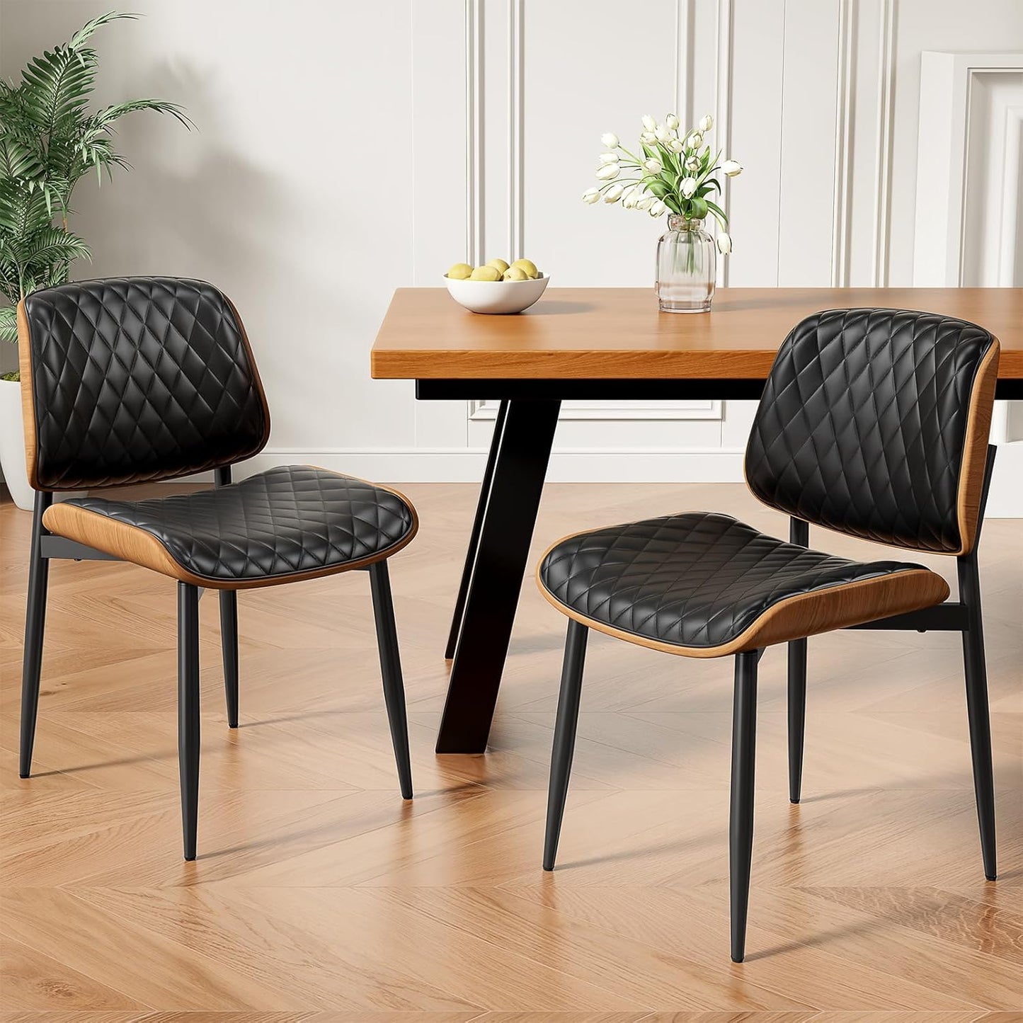 Dining Chairs Set of 4, Mid-Century Modern Upholstered PU Leather Chairs | with Walnut Bentwood Back and Metal Legs Adjustable Feet for Kitchen Dining Room, Camel Shell Strips — Black Diamond Plaid / 2