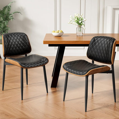 Dining Chairs Set of 4, Mid-Century Modern Upholstered PU Leather Chairs | with Walnut Bentwood Back and Metal Legs Adjustable Feet for Kitchen Dining Room, Camel Shell Strips — Black Diamond Plaid / 2