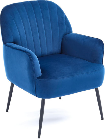 Velvet Accent Chair, Channel Tufted Shell Back Armchair, Ergonomic Upholstered Reading Chair with Wood Legs, Modern Single Sofa Chair for Living Room, Bedroom, Vanity (Gray) — Blue