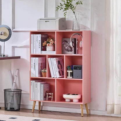 LEYAOYAO Cube Bookshelf 3 Tier Mid-Century Rustic Brown Modern Bookcase with Legs,Retro Wood Bookshelves Storage Organizer Shelf,Freestanding Open Book Shelves for Bedroom,Living Room,Office — Light Pink / 7 Cube with Legs
