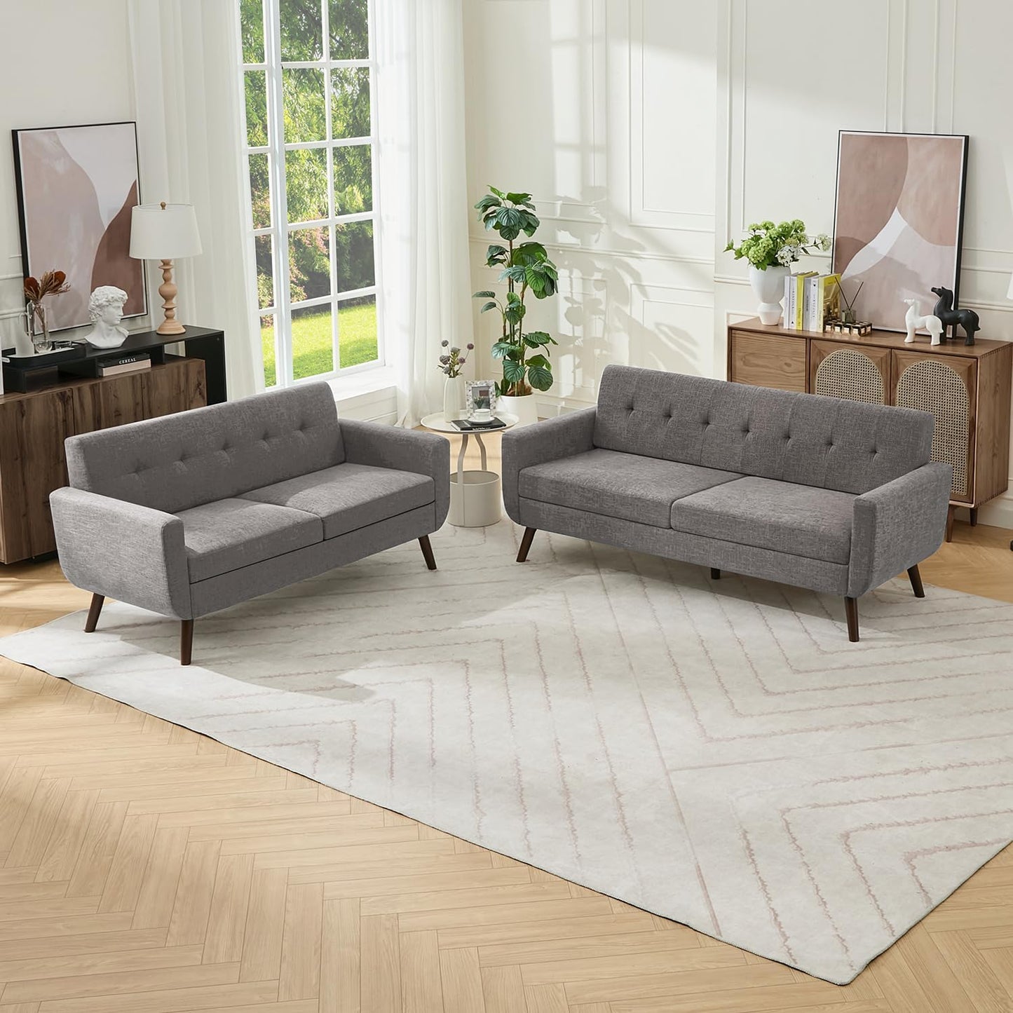 Tbfit Linen Fabric Single Sofa, Accent Chair, Mid Century Modern Armchair for Living Room, Bedroom Button Tufted Upholstered Comfy Reading Sofas, Beige — Loveseat & Standard / Grey