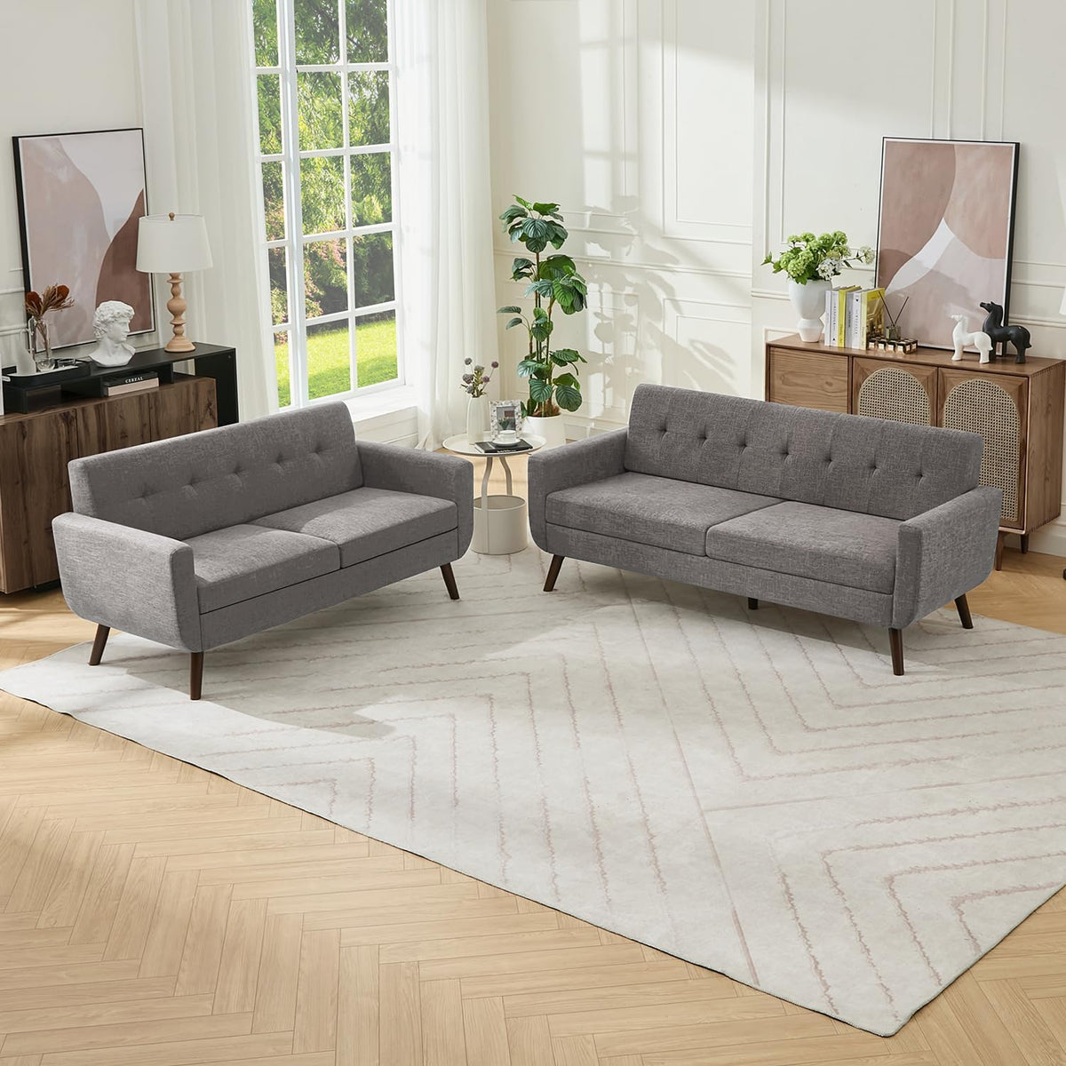 Tbfit Linen Fabric Single Sofa, Accent Chair, Mid Century Modern Armchair for Living Room, Bedroom Button Tufted Upholstered Comfy Reading Sofas, Beige — Loveseat & Standard / Grey