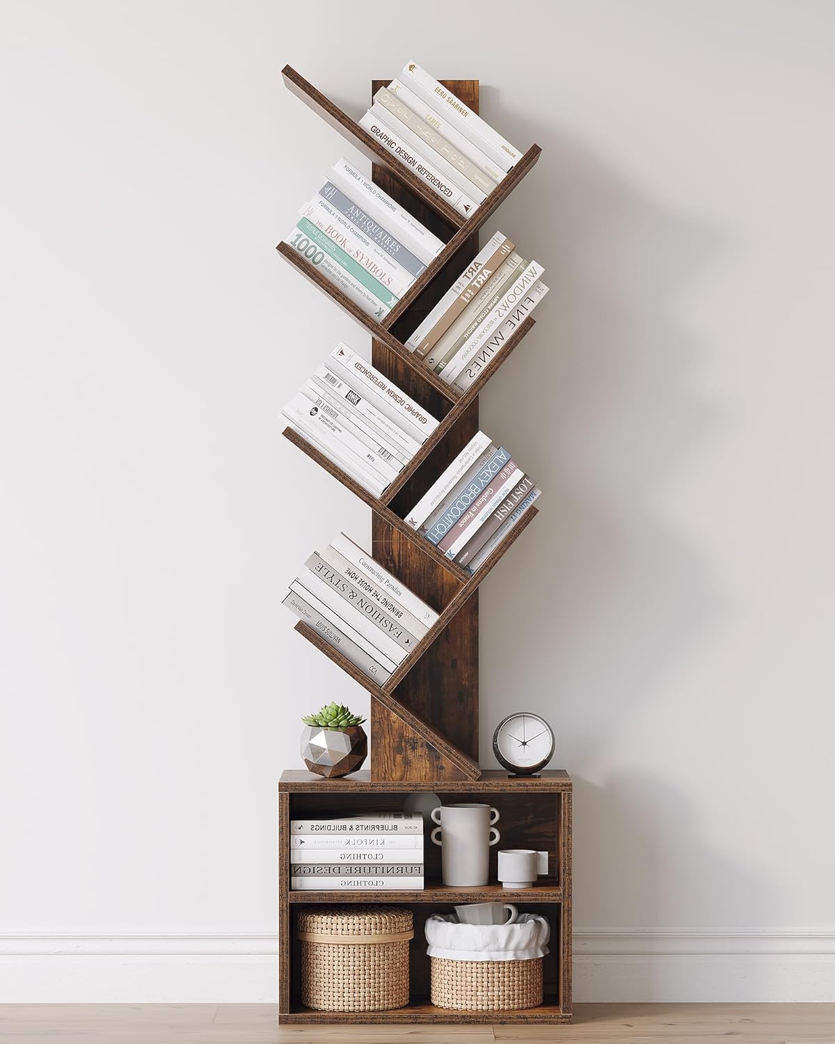 SUNMORY 6 Tier Tree Bookshelf, Small Bookcase with Storage Cabinet, Modern Tall Narrow Bookshelves Organizer, Floor Standing Book Shelf for Bedroom/Living Room/Home Office/Corner, Rustic Brown — Brown / 6 Tier-Standard
