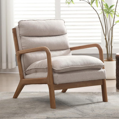 INZOY Mid Century Modern Accent Chair with Wood Frame, Upholstered Living Room Chairs with Waist Cushion, Reading Armchair for Bedroom Sunroom (Beige)