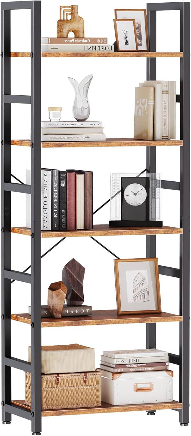 DUMOS 5-Tier Bookshelf, Modern Tall Bookcase Book Shelf | Open Storage Display Shelf for Living Room, Bedroom, Home Office, Narrow Standing Shelving Unit for Books, CDs, Décor Black — Rustic Brown / 5 Tier