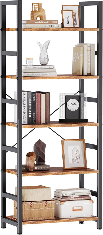 DUMOS 5-Tier Bookshelf, Modern Tall Bookcase Book Shelf | Open Storage Display Shelf for Living Room, Bedroom, Home Office, Narrow Standing Shelving Unit for Books, CDs, Décor Black — Rustic Brown / 5 Tier