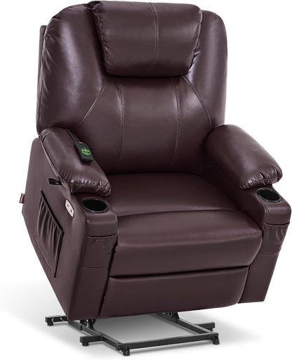 MCombo Electric Power Lift Recliner Chair Sofa with Massage and Heat for Elderly, 3 Positions, 2 Side Pockets, and Cup Holders, USB Ports, Faux Leather 7040 (Grey, Medium) — Large-Wide / Dark Brown