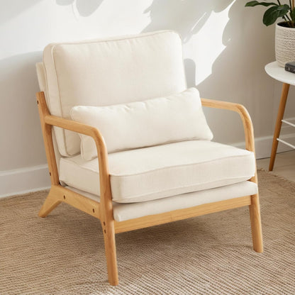 Karl home Mid-Century Modern Accent Reading Chair, Beige | Linen Upholstered, Solid Wood Frame, Soft Cushion, Lumbar Pillow, Lounge Armchair for Living Room, Bedroom, Balcony, Study — Natural Beige