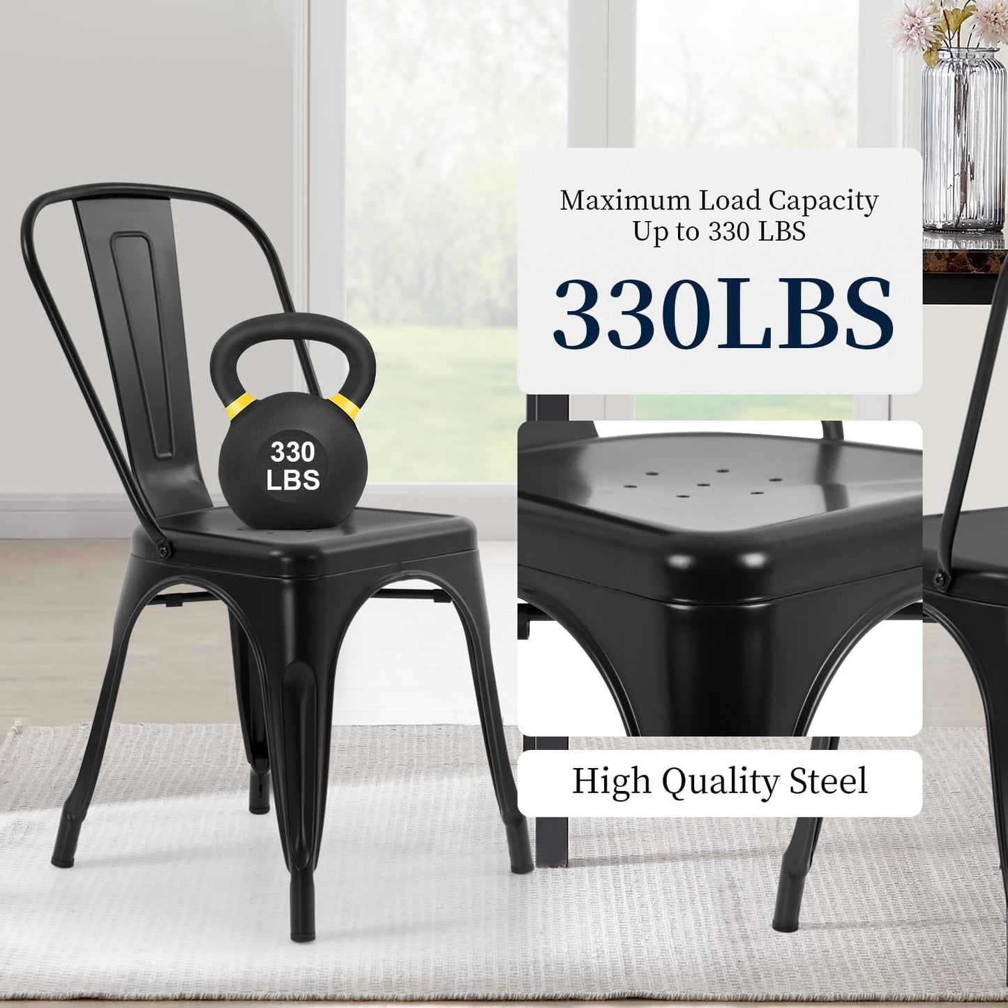 FDW | Metal Dining Chairs | Set of 4 | Black | Stackable Tolix Side Chairs with Backrest | Scratch-Resistant | Non-Slip Feet | Indoor/Outdoor Use | 330 lbs Capacity | for Kitchen & Restaurant — Black / Steel Seat (6)