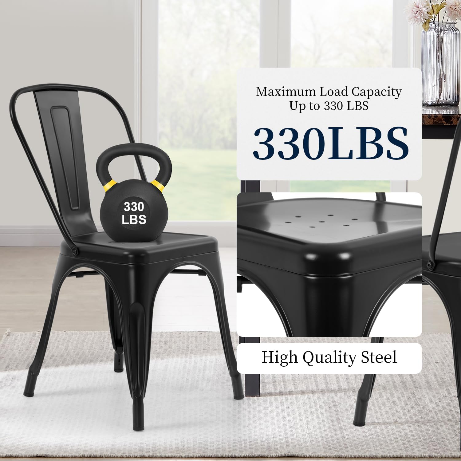 FDW | Metal Dining Chairs | Set of 4 | Black | Stackable Tolix Side Chairs with Backrest | Scratch-Resistant | Non-Slip Feet | Indoor/Outdoor Use | 330 lbs Capacity | for Kitchen & Restaurant — Black / Steel Seat (6)