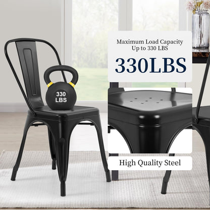 FDW | Metal Dining Chairs | Set of 4 | Black | Stackable Tolix Side Chairs with Backrest | Scratch-Resistant | Non-Slip Feet | Indoor/Outdoor Use | 330 lbs Capacity | for Kitchen & Restaurant — Black / Steel Seat (6)