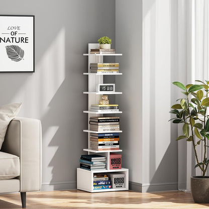 TUTOTAK Book Shelf, Narrow Spine Bookshelf, 8-Tier Bookcase for Small Space | 10.4 x 13.4 x 47.5 Inches Vertical Freestanding Corner Shelf for Living Room, Office, Study, Entryway, Brown BS06BB008 — 8 Tier with 1 Cube / White