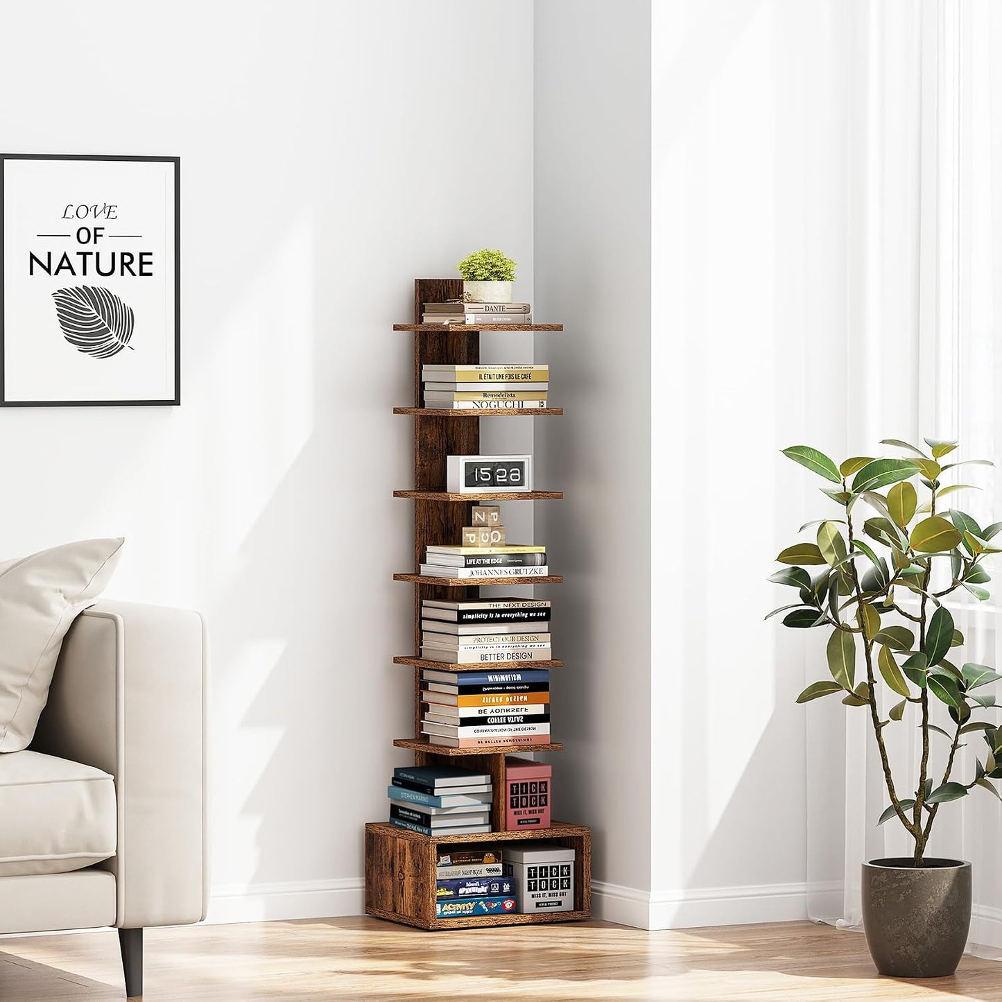 TUTOTAK Book Shelf, Narrow Spine Bookshelf, 8-Tier Bookcase for Small Space | 10.4 x 13.4 x 47.5 Inches Vertical Freestanding Corner Shelf for Living Room, Office, Study, Entryway, Brown BS06BB008 — 8 Tier with 1 Cube / Rustic Brown