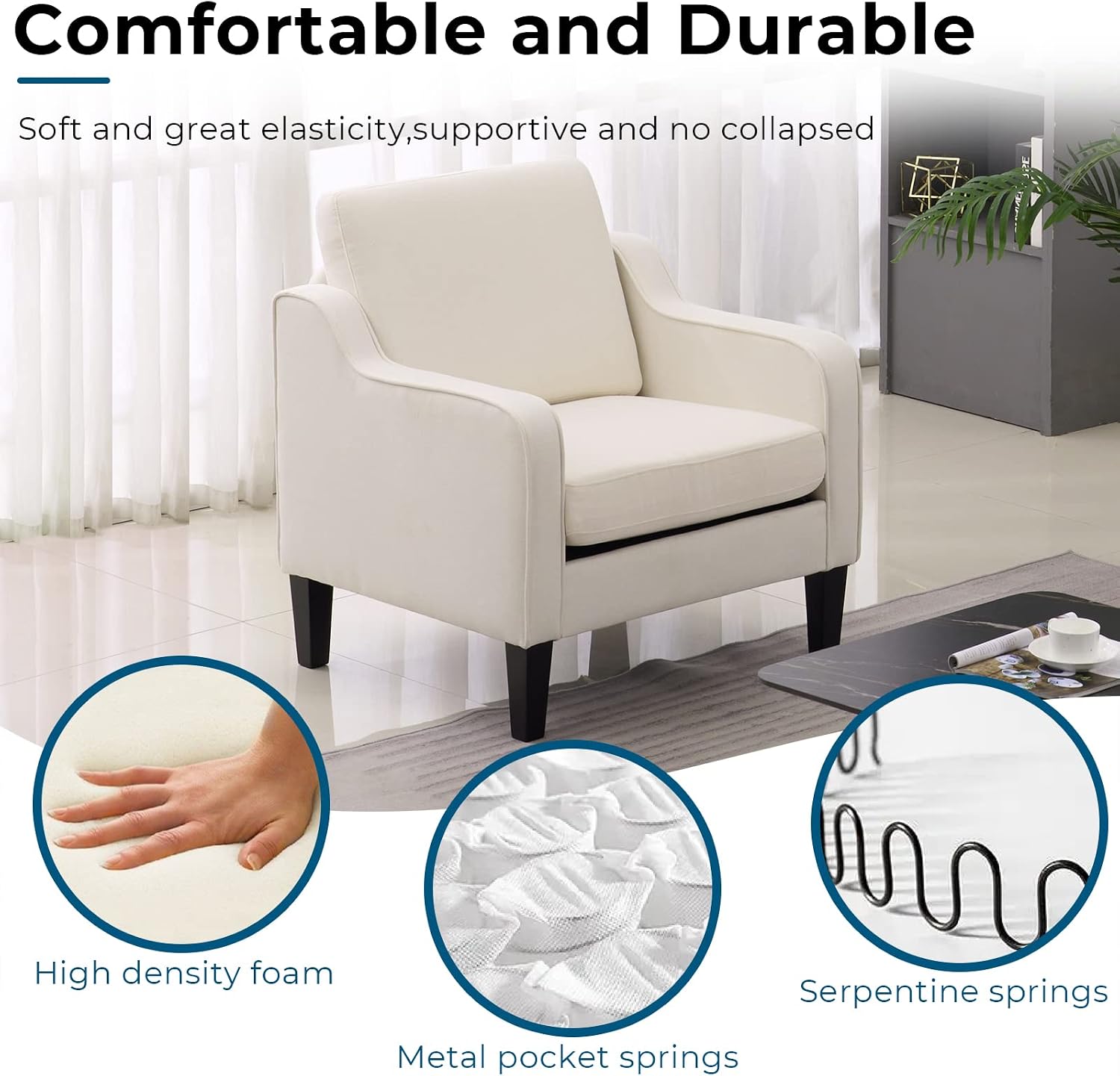 VINGLI Modern Accent Chairs Set of 2, Beige Living Room Chairs Comfy Armchair for Bedroom, Upholstered Sofa Chair Reading Chair for Small Spaces, Apartment, Waiting Room — 2 / Beige Linen (3)
