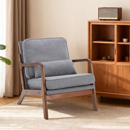 DUMOS Mid Century Modern Accent Chair, Armchair with Lumbar Pillow and Waist Cushion, Solid Wood Frame Lounge Chair for Living Room, Bedroom, Reading Nook, Small Apartment Corner, Ivory White
