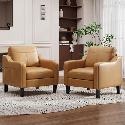 MALOL PU Leather Accent Chair, Mid-Century Modern Living Room Armchair Sofa with Removable Cushions, Solid Wood Frame & Stitched Armrest Design, Bedroom Chair with Plastic Legs, Chocolate Brown — Brown / Set of 1