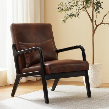 Achicsofar Accent Chair Mid Century Modern Armchair with Lumbar Support Pillow Wood Legs PU Leather Upholstered Lounge Chairs Comfy High Back Cushion for Living Room Bedroom — Vintage Brown / Large Size