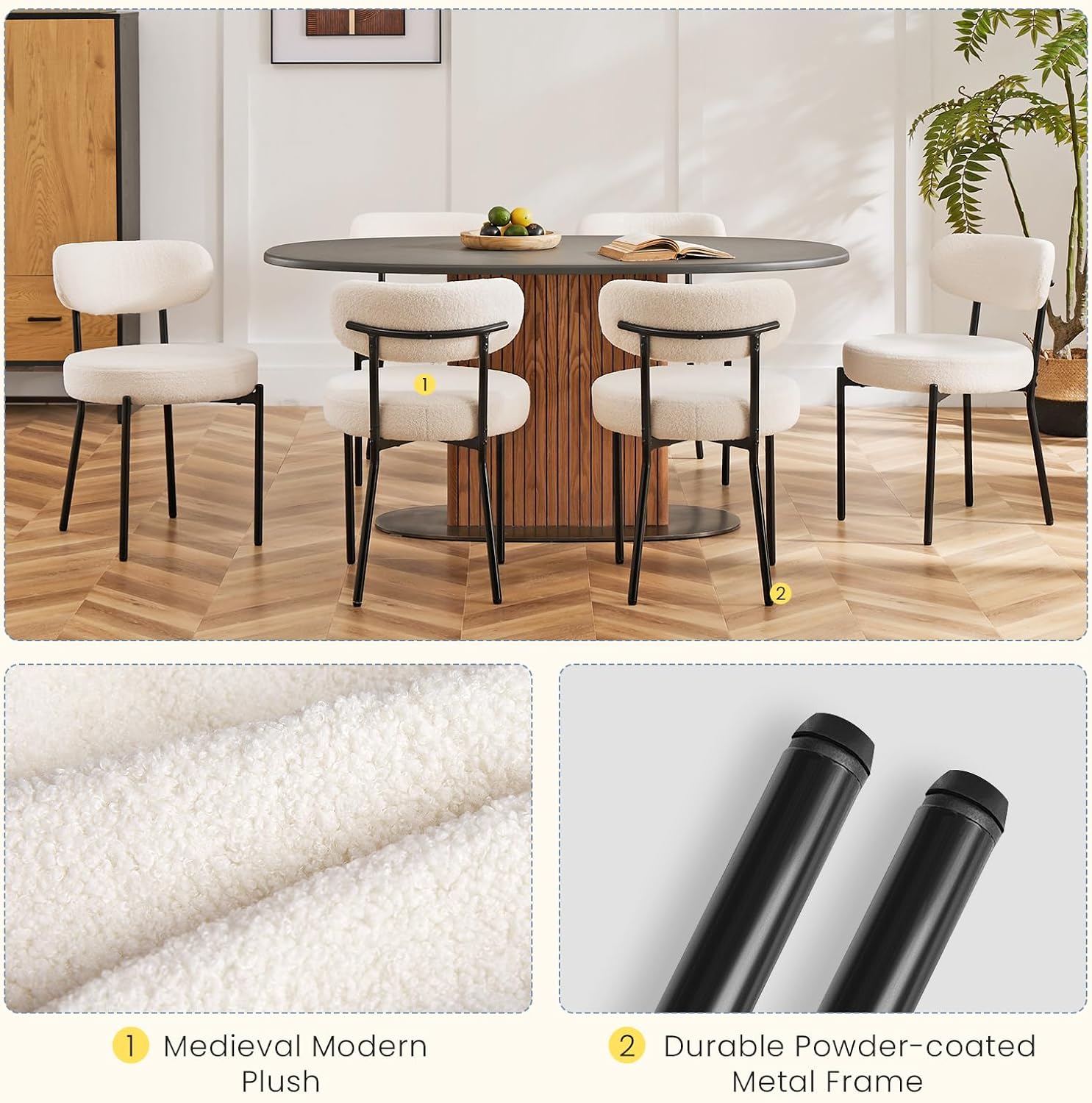 DUMOS Dining Chairs Set of 2, Mid Century Modern Chair Round Upholstered Curved Backrest, Kitchen Vanity Living Room Chairs with Black Metal Legs，Ivory White — Ivory White / Set of 2 (4)
