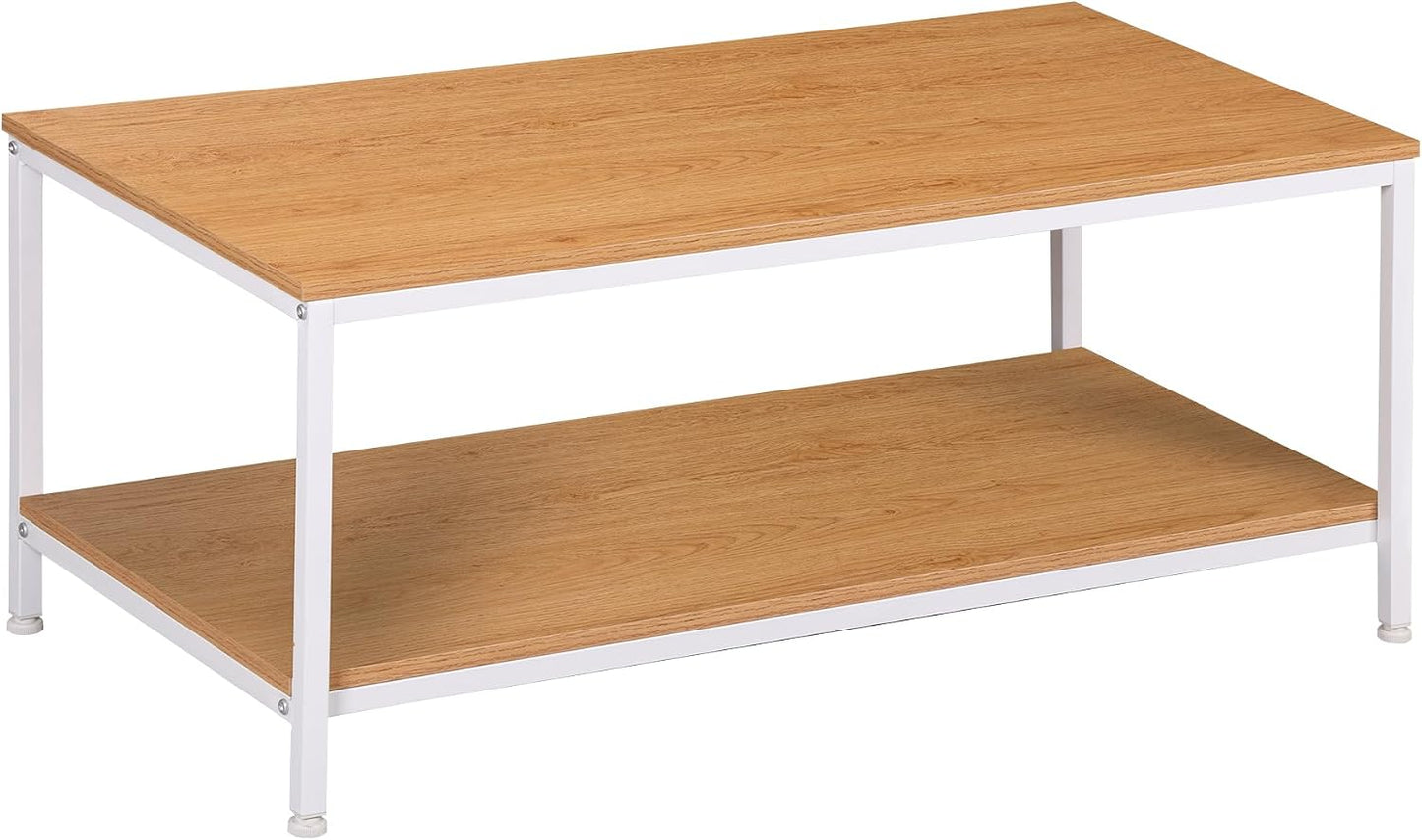 SUPER DEAL 2-Tier Industrial Coffee Table with Storage Shelf for Small Apartment Living Room, Rectangle Wood and Stable Metal TV Stand Side End Table, Rustic Brown — Natural Wood / 39.4in