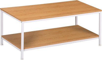 SUPER DEAL 2-Tier Industrial Coffee Table with Storage Shelf for Small Apartment Living Room, Rectangle Wood and Stable Metal TV Stand Side End Table, Rustic Brown — Natural Wood / 39.4in