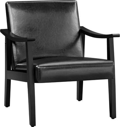 Yaheetech Corduroy Accent Chair, Mid-Century Modern Armchair with Solid Wood Legs, Reading Leisure Chair with High Back for Living Room Bedroom Waiting Room Dark Green — Black / Faux Leather
