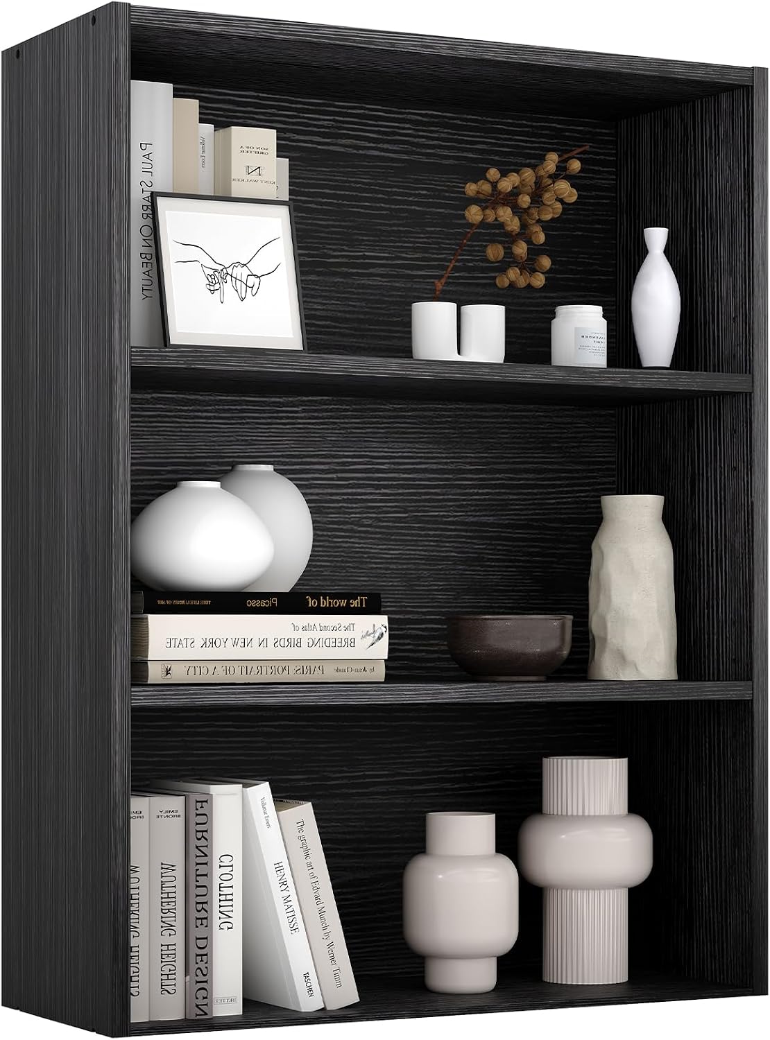 Sweetcrispy 5 Shelf Bookcase Open Display Bookshelf Storage Organizer | 53 Inches Tall Book Shelf Floor Standing Corner Unit, Living Room, Home Office, Kitchen, Bedroom, Rustic Brown Wood — Black / 3 Shelf
