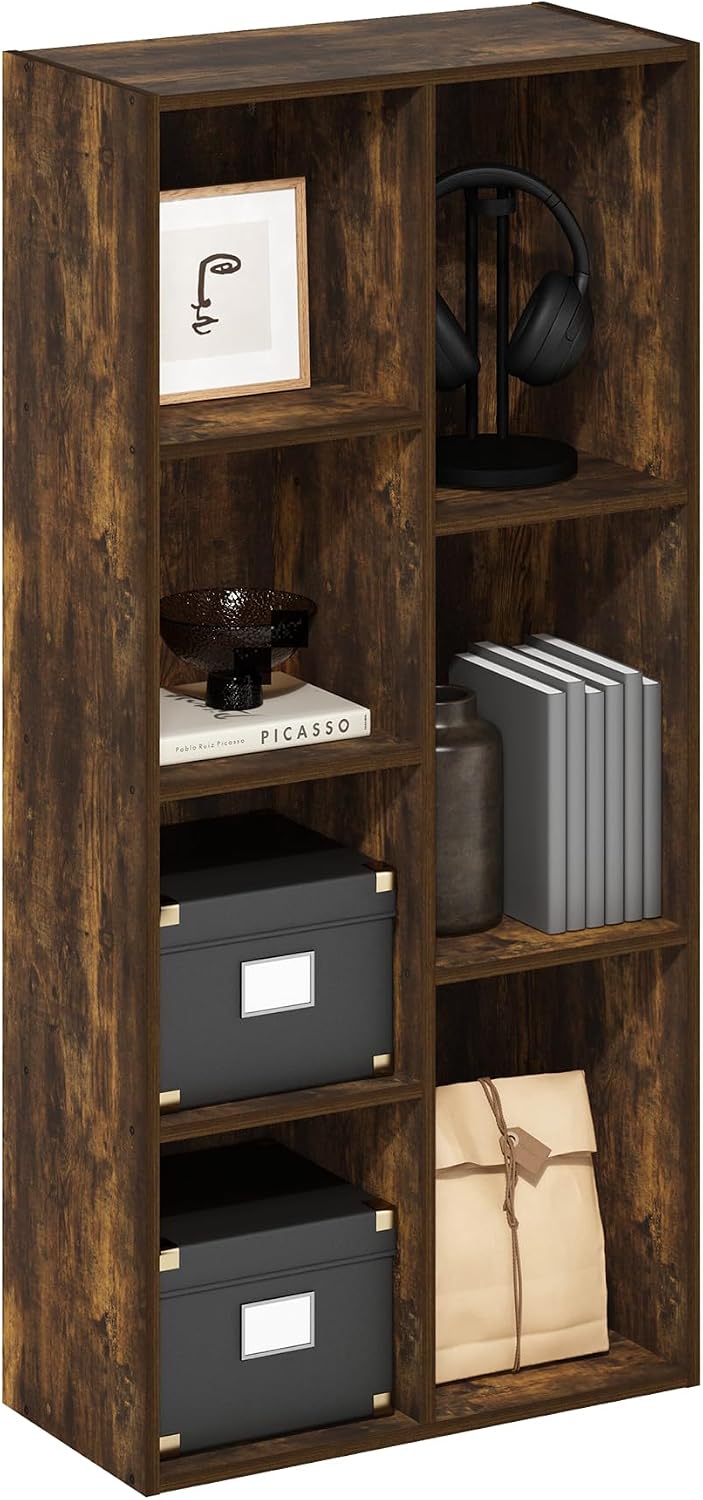 Furinno LUDER Book Shelf, 5-Cube Bookshelf, Reversible Bookcase, 9.4 x 19.5 x 31.5, Easy Assembly, for Living Room, Bedroom, Home Office, White — Amber Pine / 7-Cube