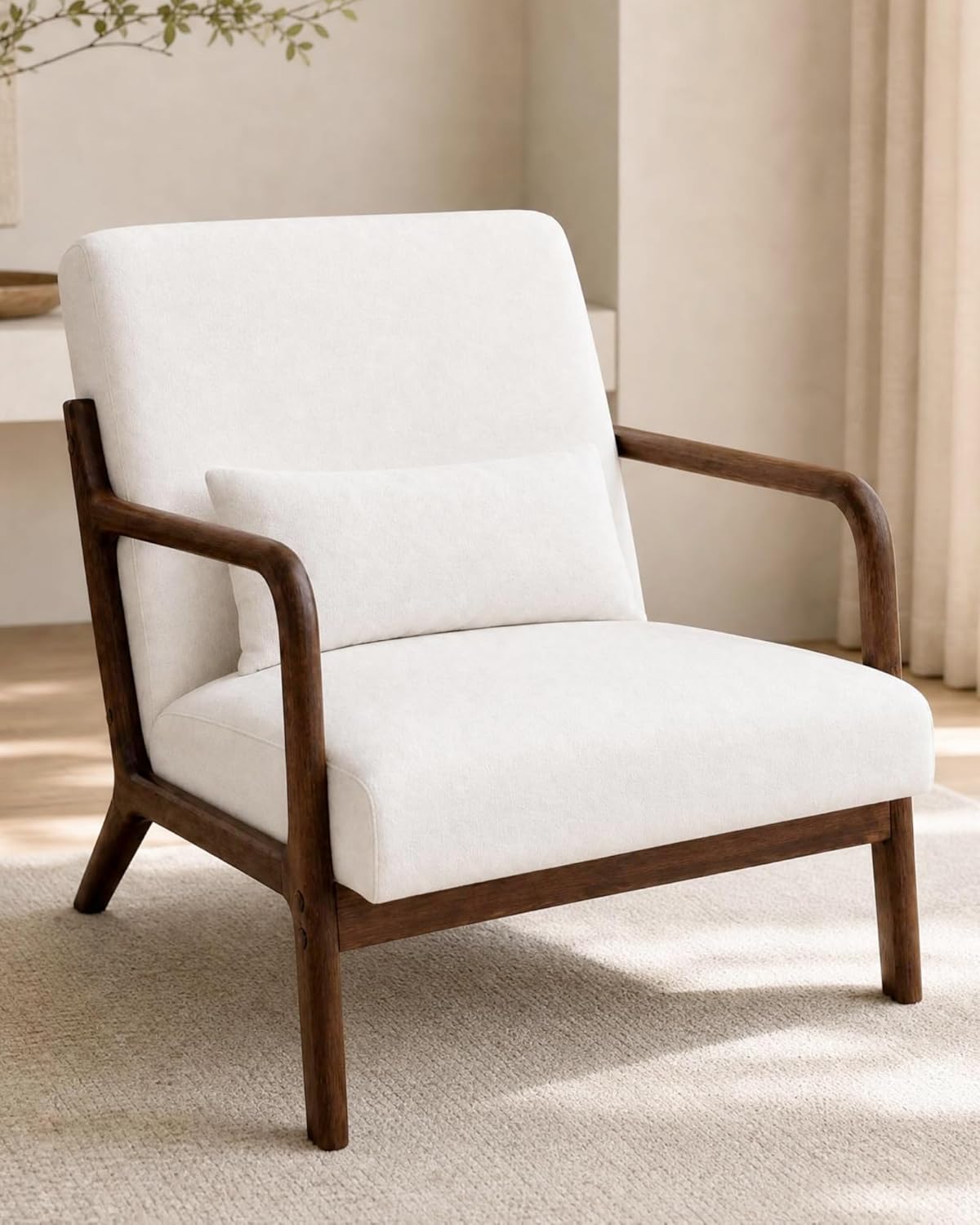 Garvee Mid-Century Chenille Accent Chair, Cozy Reading Chair, Modern Lounge Armchair with Lumbar Pillow, Solid Wood Frame, for Living Room, Bedroom, Office, Beige — Beige-chenille / 1 Pack