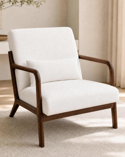 Garvee Mid-Century Chenille Accent Chair, Cozy Reading Chair, Modern Lounge Armchair with Lumbar Pillow, Solid Wood Frame, for Living Room, Bedroom, Office, Beige — Beige-chenille / 1 Pack