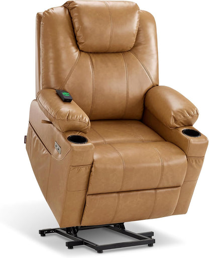 MCombo Electric Power Lift Recliner Chair Sofa with Massage and Heat for Elderly, 3 Positions, 2 Side Pockets, and Cup Holders, USB Ports, Faux Leather 7040 (Grey, Medium) — Small / Tawny