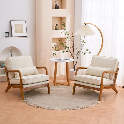 Karl home Mid-Century Accent Reading Chairs Set of 2, Beige | Linen Upholstered, Solid Wood Frame, Soft Cushion, Lumbar Pillow, Lounge Armchair for Living Room, Bedroom, Balcony, Study — Beige