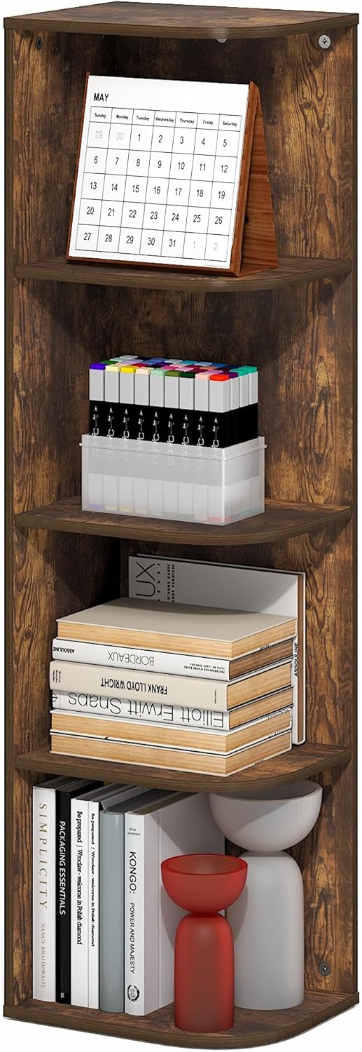 Furinno LUDER Book Shelf, 5-Cube Bookshelf, Reversible Bookcase, 9.4 x 19.5 x 31.5, Easy Assembly, for Living Room, Bedroom, Home Office, White — Amber Pine / 4-Tier Corner