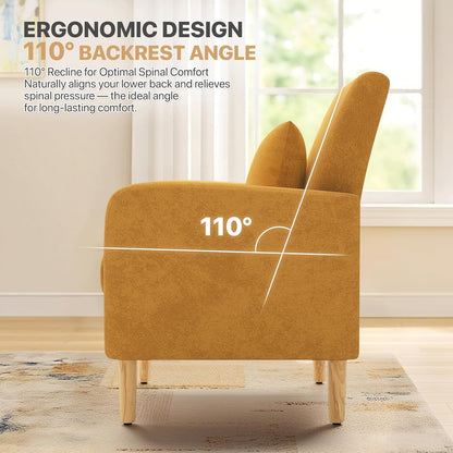 Magshion Accent Chair for Living Room, Comfy Mid-Century Reading Chair for Bedroom, Upholstered Linen Fabric Armchair Single Sofa with Back Pillow & Wood Legs, 300 lbs Capacity, Yellow — Yellow (6)