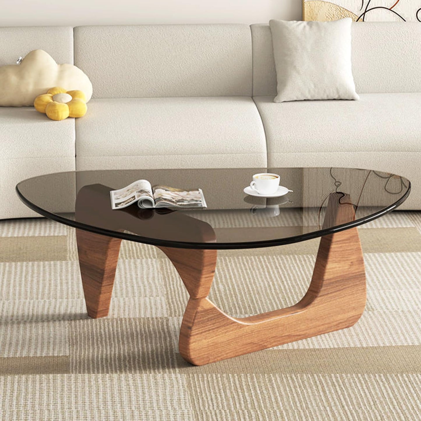 Modern Glass Coffee Table, Mid Century Small Coffee Table, Coffee Table for Living Room,Suitable for Bedroom Living Room Reception Office Tables (Walnut/Transparent, Small)