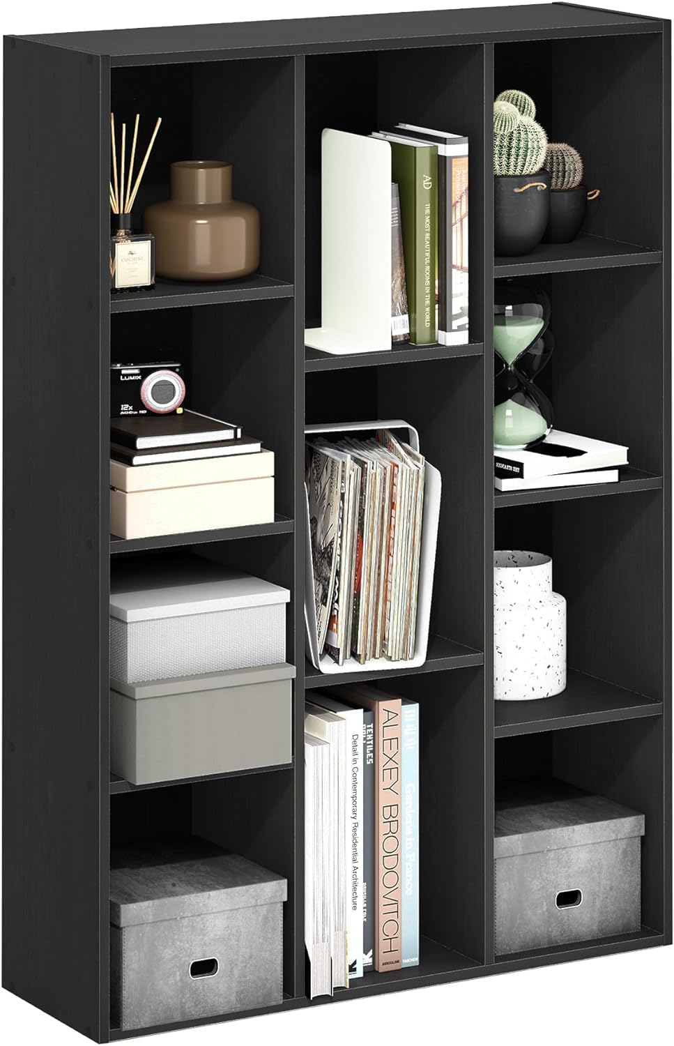 Furinno LUDER Book Shelf, 5-Cube Bookshelf, Reversible Bookcase, 9.4 x 19.5 x 31.5, Easy Assembly, for Living Room, Bedroom, Home Office, White — Blackwood / 11-Cube