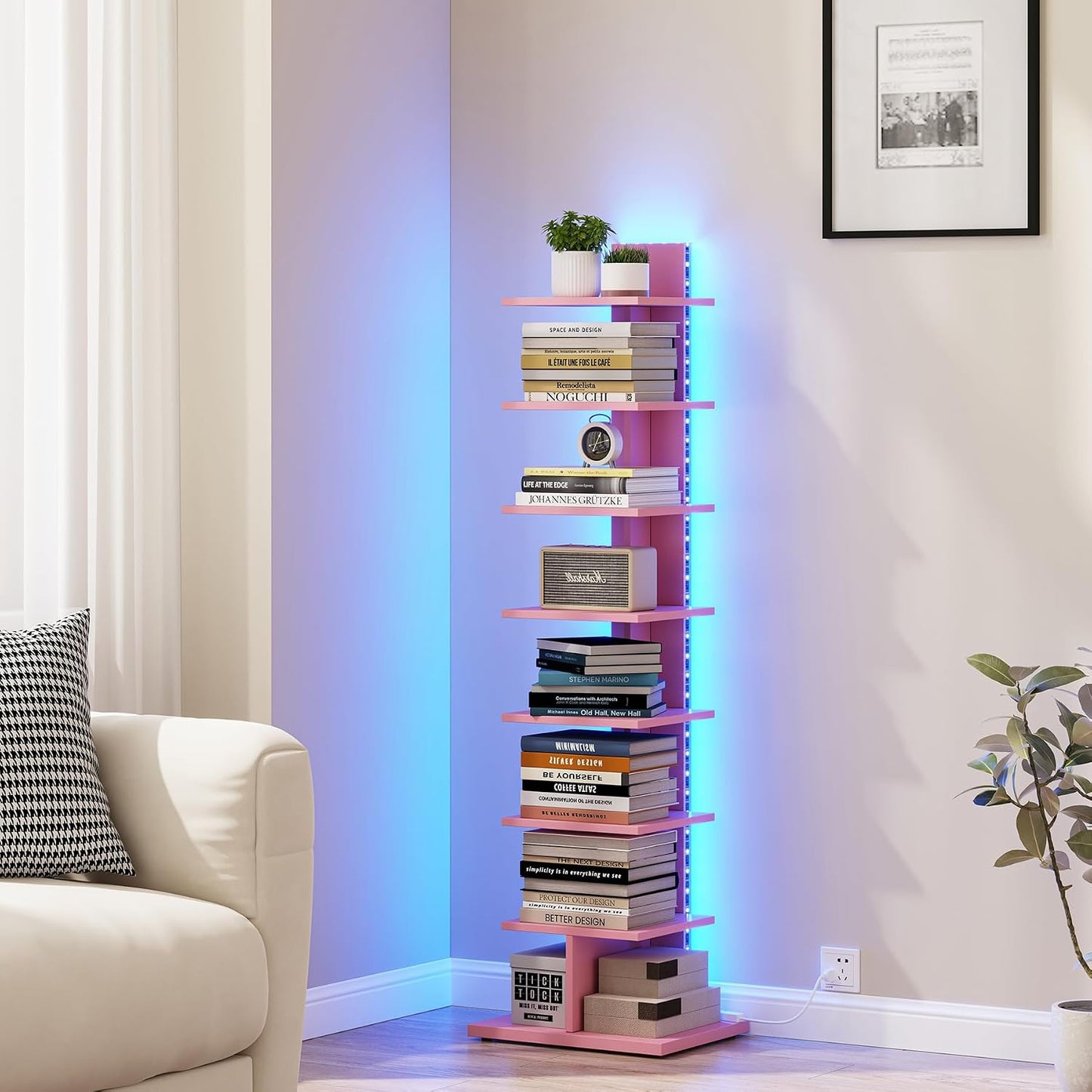 TUTOTAK Book Shelf, Narrow Spine Bookshelf, 8-Tier Bookcase for Small Space | 10.4 x 13.4 x 47.5 Inches Vertical Freestanding Corner Shelf for Living Room, Office, Study, Entryway, Brown BS06BB008 — 8 Tier / Pink(led Light)