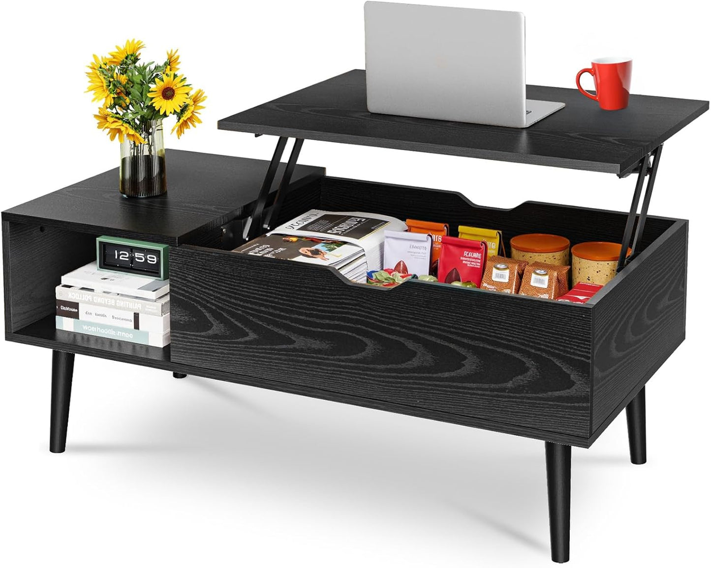 OLIXIS Wooden Coffee Table, Lift Top Coffee Table with Large Hidden Compartment and Ample Storage Shelf, Lift Tabletop Dining Table for Living Room, Home Small Space, Rustic — Black / 39.4 inches x 19.7 inches x 17 inches