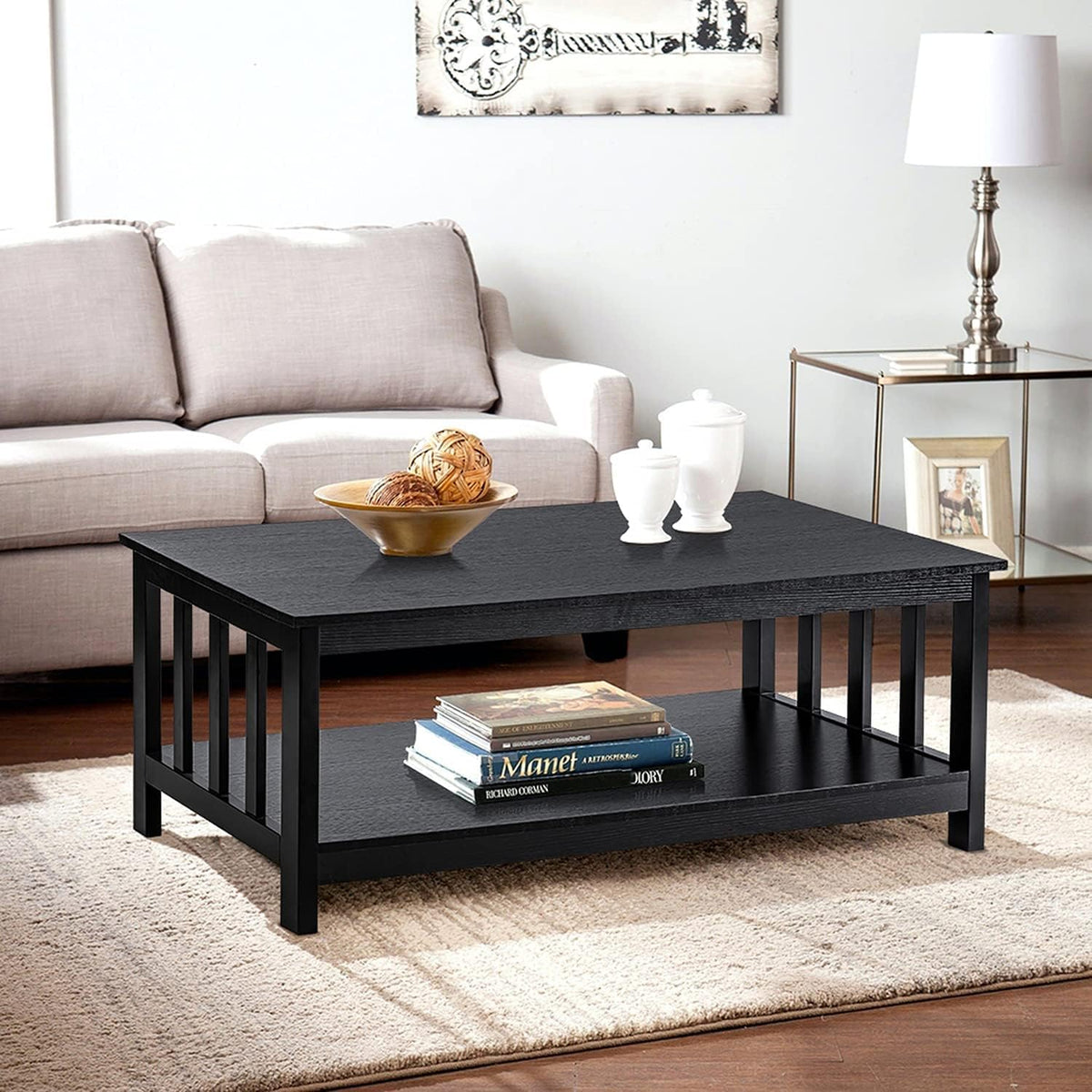 ChooChoo Mission Coffee Table, Black Wood Living Room Table with Shelf, 40 Black — Black / 22"D x 39.9"W x 18.1"H