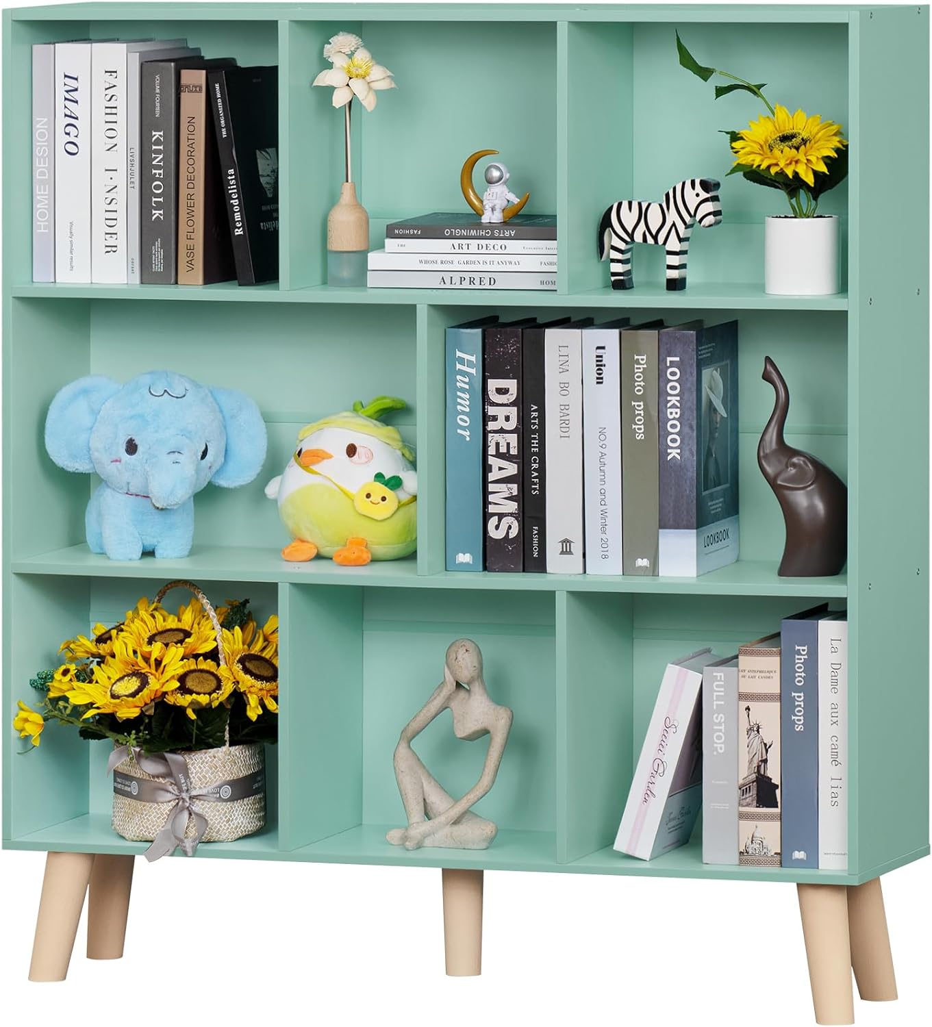 LEYAOYAO Cube Bookshelf 3 Tier Mid-Century Rustic Brown Modern Bookcase with Legs,Retro Wood Bookshelves Storage Organizer Shelf,Freestanding Open Book Shelves for Bedroom,Living Room,Office — Green / 8 Cube with Legs