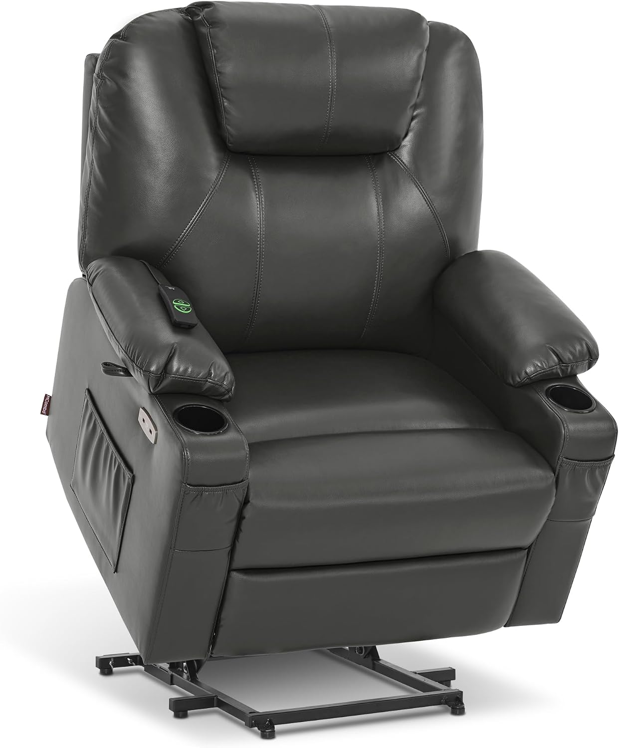 MCombo Electric Power Lift Recliner Chair Sofa with Massage and Heat for Elderly, 3 Positions, 2 Side Pockets, and Cup Holders, USB Ports, Faux Leather 7040 (Grey, Medium) — Medium-Wide / Grey