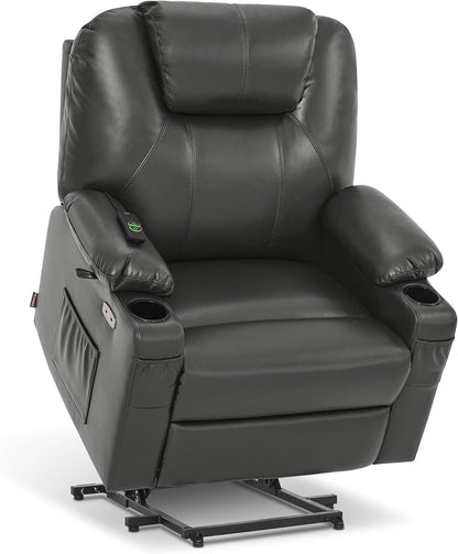 MCombo Electric Power Lift Recliner Chair Sofa with Massage and Heat for Elderly, 3 Positions, 2 Side Pockets, and Cup Holders, USB Ports, Faux Leather 7040 (Grey, Medium) — Medium-Wide / Grey