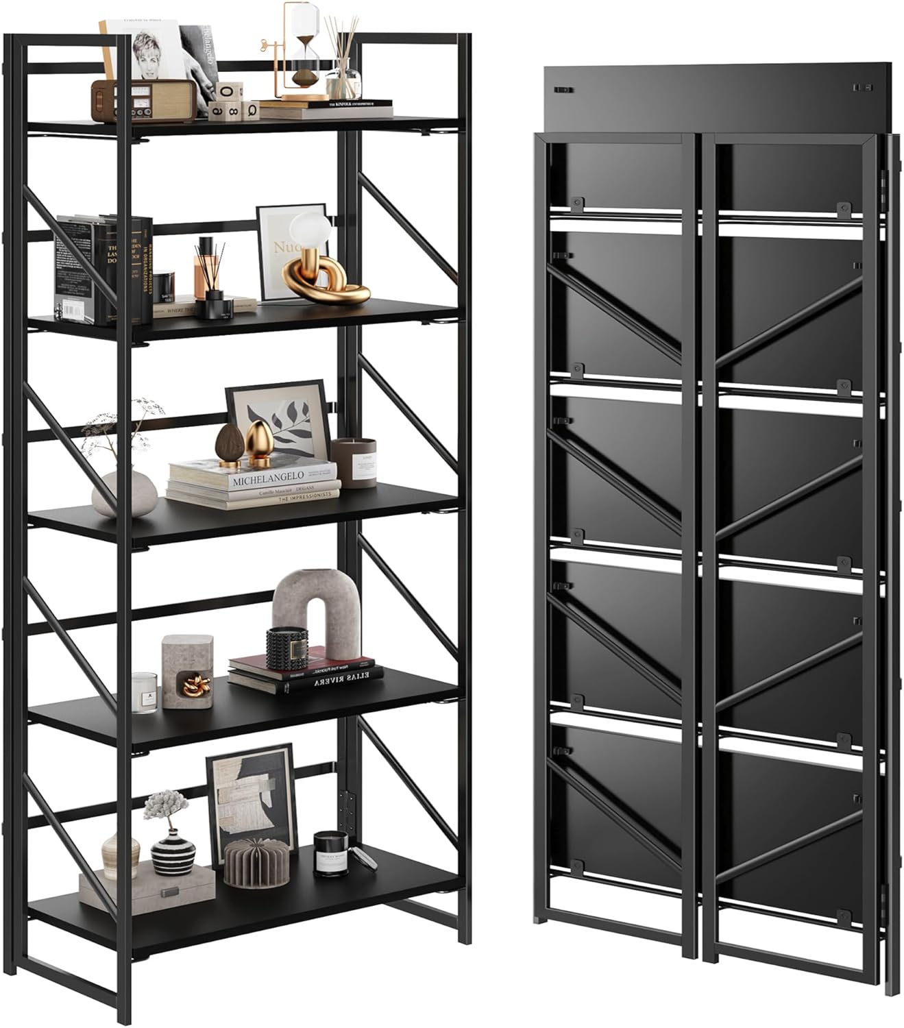 JSB No Assembly Folding Bookshelf, 4 Tier Industrial Metal Book Shelf for Storage, Vintage Wood Foldable Bookcase for Living Room, Bedroom, Office Organization Shelves — Black / Flat Tube 5-Tier