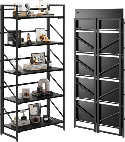 JSB No Assembly Folding Bookshelf, 4 Tier Industrial Metal Book Shelf for Storage, Vintage Wood Foldable Bookcase for Living Room, Bedroom, Office Organization Shelves — Black / Flat Tube 5-Tier