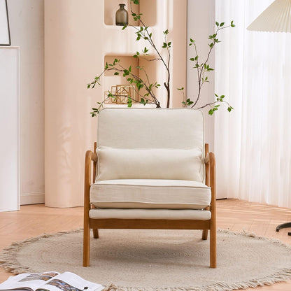 Karl home Mid-Century Accent Reading Chairs Set of 2, Beige | Linen Upholstered, Solid Wood Frame, Soft Cushion, Lumbar Pillow, Lounge Armchair for Living Room, Bedroom, Balcony, Study — Beige (3)