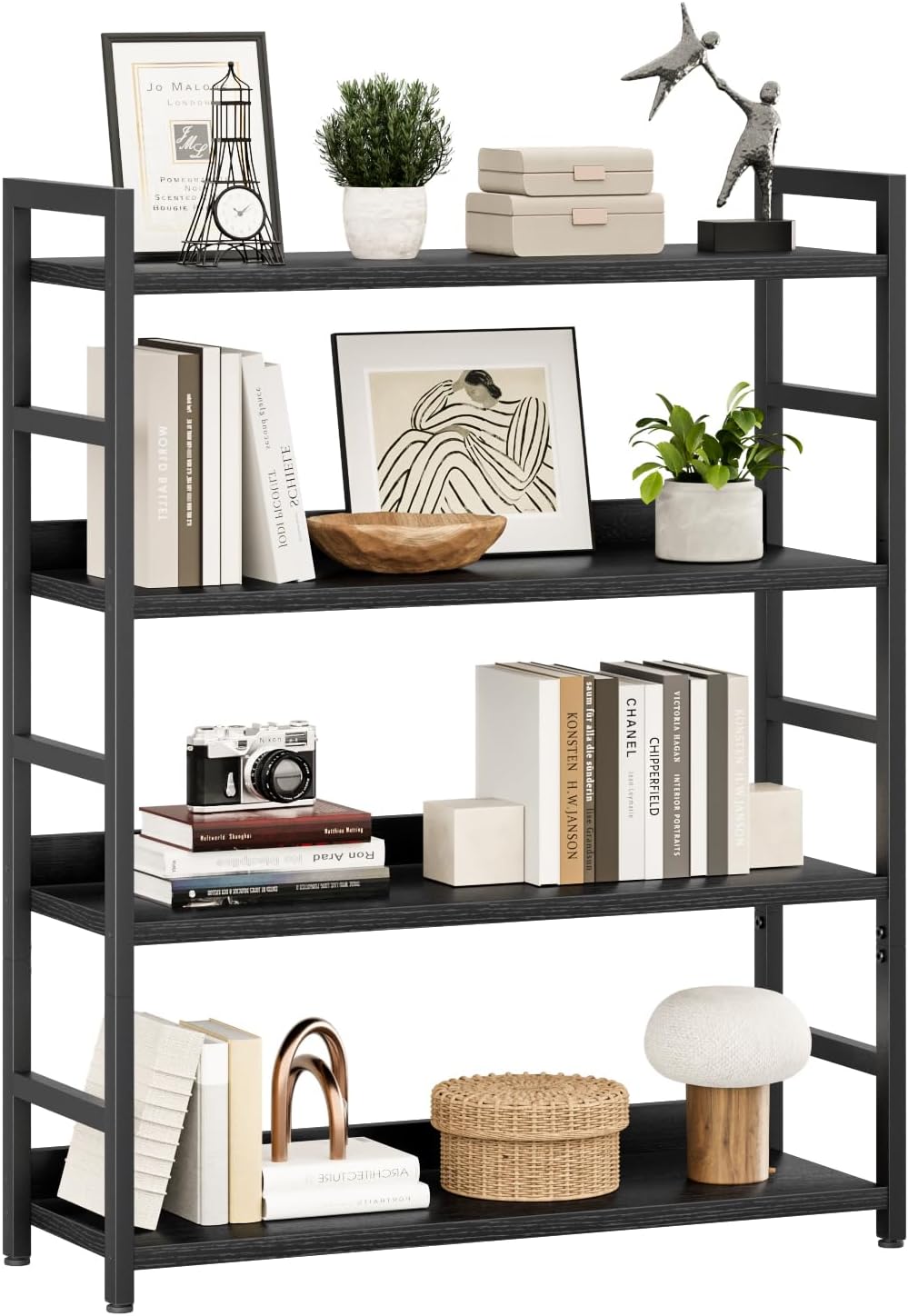 NUMENN Bookshelf, 5 Tier Bookshelves, Home Office Bookcase Shelf Storage Organizer, Free Standing Storage Shelving Unit for Bedroom, Living Room and Home Office, Vintage — 4 Tier(Extra Wide) / Black